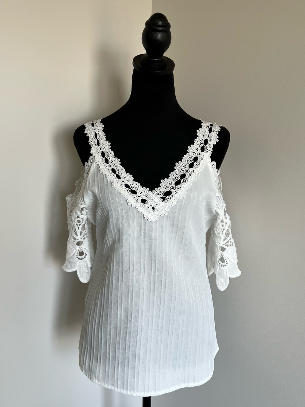 Sheer White Lace-Trim Cold Shoulder Crochet Beach Boho Top - Fairycore /Festival